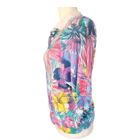 Vintage Cherry Hill Bright Floral Collared 1/4 Button Knit Top Size Large - Picture 4 of 7